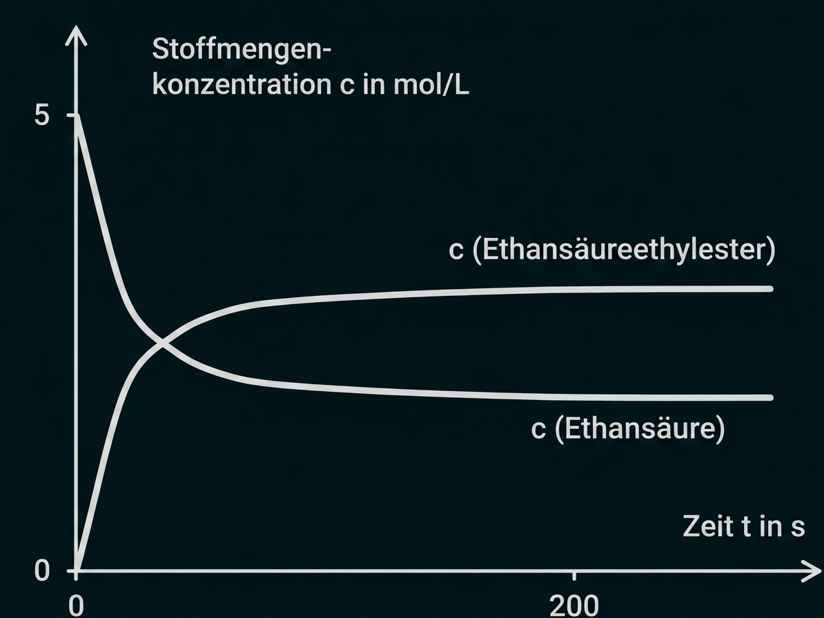 Konzentrations‑Zeit‑Diagramm zweier Kurven (Ethansäureethylester, Ethansäure), Kreuzung und Annäherung an ein Gleichgewicht